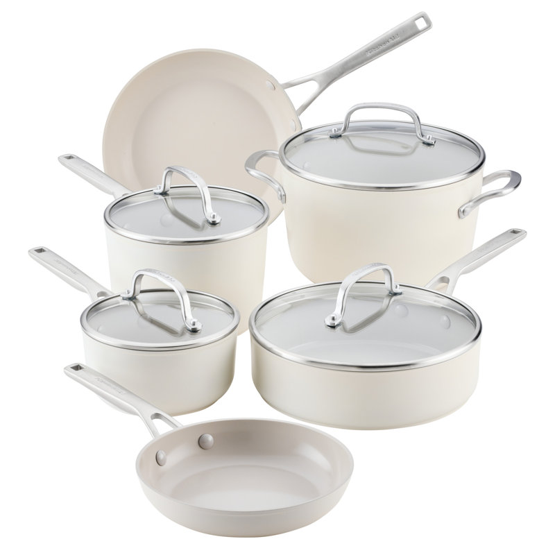  Kitchenaid Hard-Anodized Ceramic Induction Cookware Set, 10 Piece, White