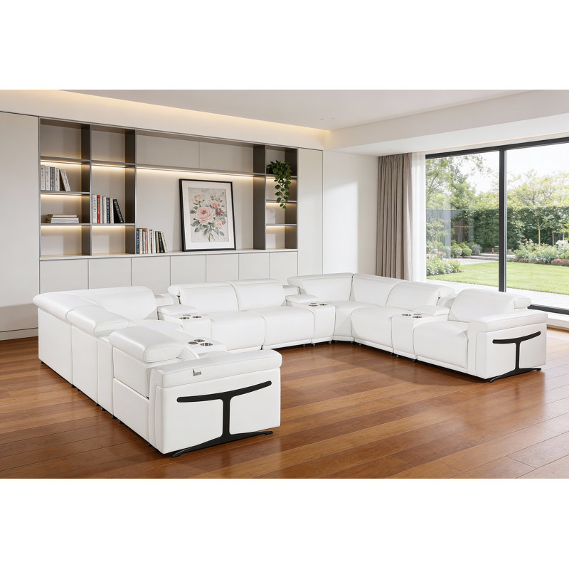 Canapé modulaire inclinable électrique en U blanc en cuir italien avec console