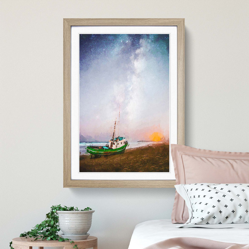 Grounded Fishing Boat at Dusk in Abstract - Picture Frame Graphic Art Print, 87cm H x 62cm W x 2cm D, Oak Framed