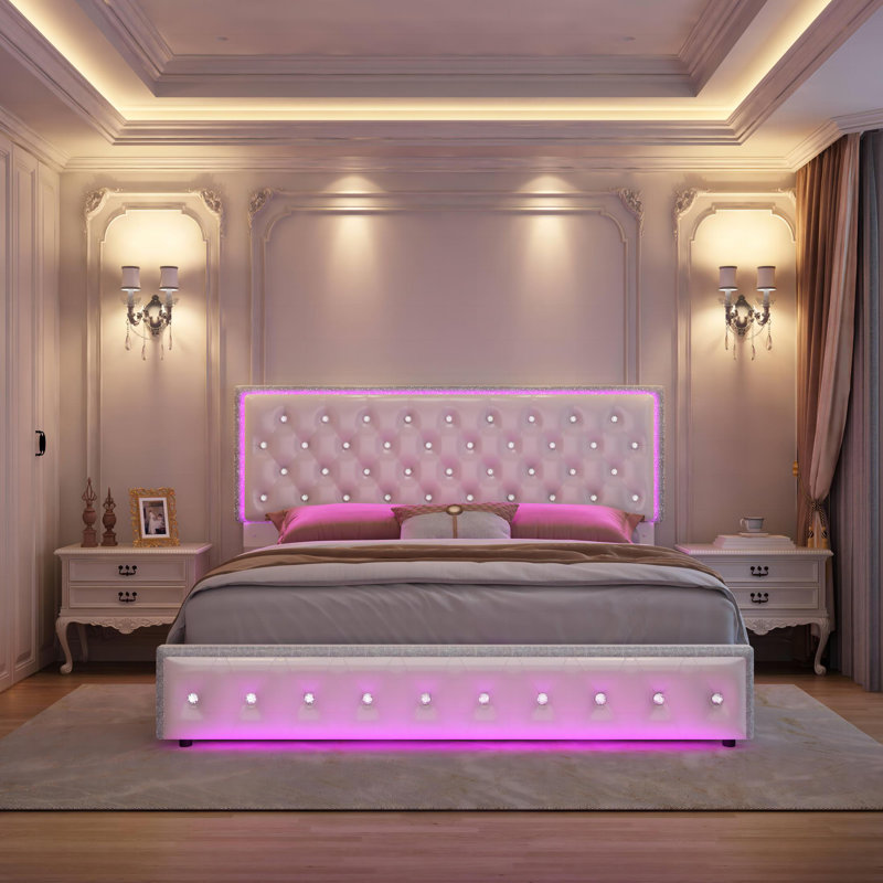 Kendrall Upholstered Platform Bed Frame with 2 Storage Drawers & LED Lighting, White, King