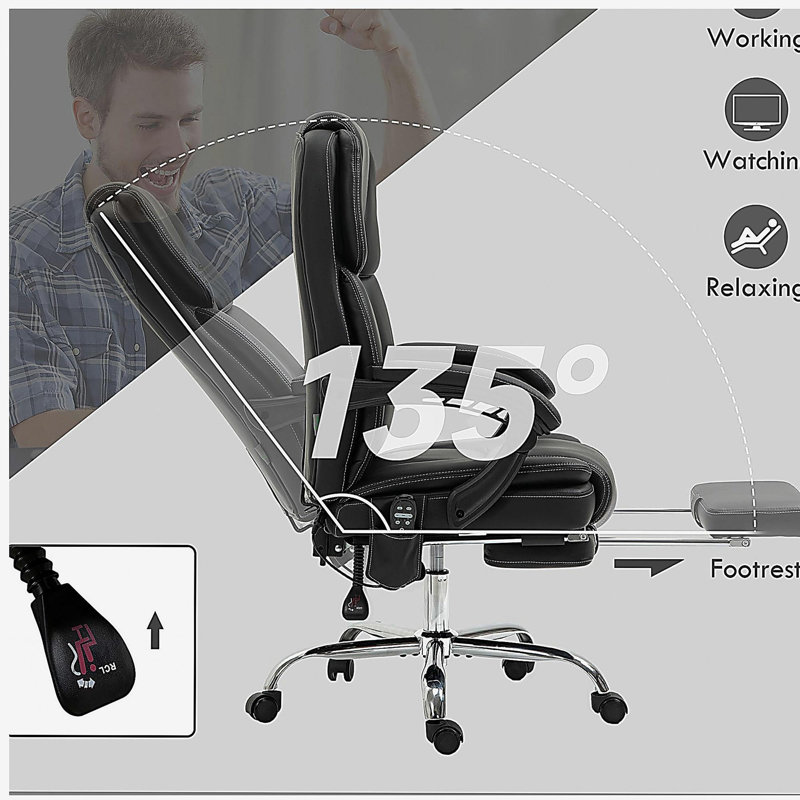 Chaise de bureau à 6 points de massage par vibration en cuir de polyuréthane à hauteur réglable avec repose-pieds, noir