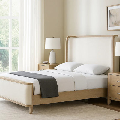 Fea Queen Bed, Shelter Padded Headboard, White Upholstery