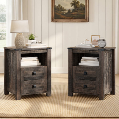 18" Farmhouse Nightstand Set with 2 Drawers & Open Shelf,Dark Oak