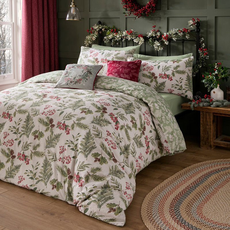 Dreams & Drapes Winter Sprigs Cotton Floral Duvet Cover Set with Pillowcases, King Duvet Cover + 2 Standard Pillowcases