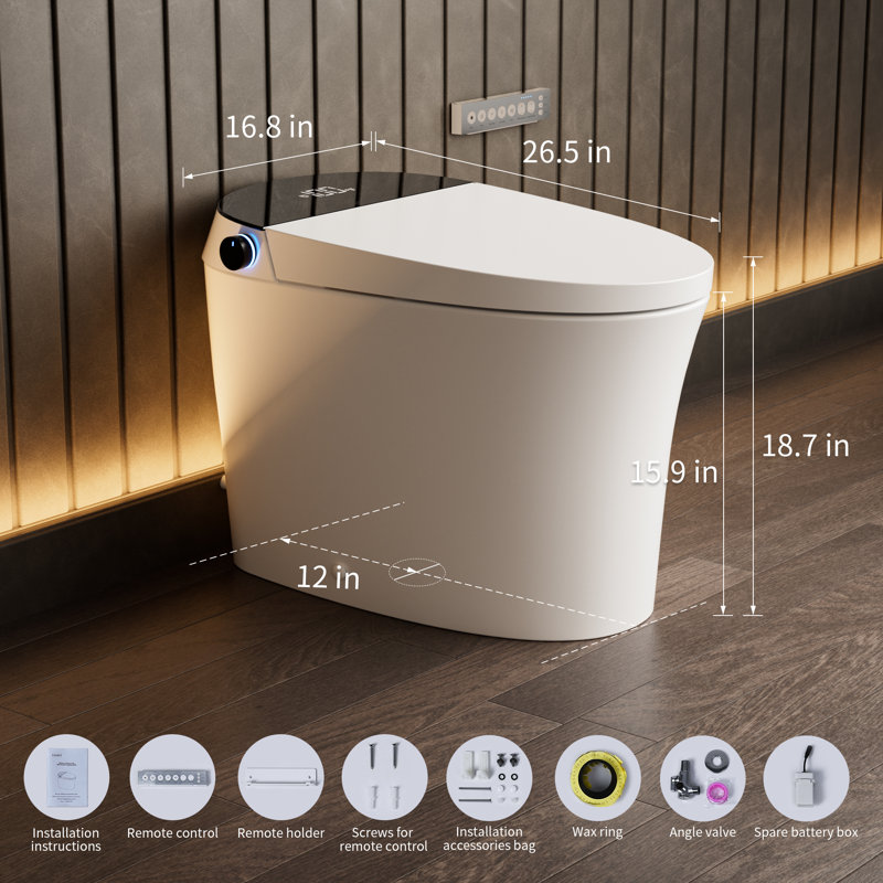 Smart Bidet Toilet Tankless, Modern Bidet Toilet with Auto/Blackout Flush, Heated Seat, Warm Wash, Warm Dryer (Remote Control Included)