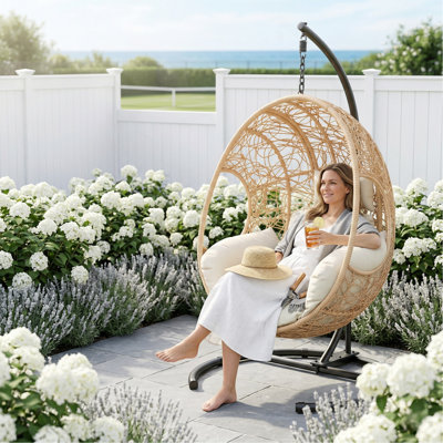 42 Extra Wide U-Base Hanging Egg Chair, 400Lb Capacity Patio Swing With 8-Inch Cushion, Weatherproof PE Rattan & Waterproof Cover For Outdoor Garden, Balcony Use