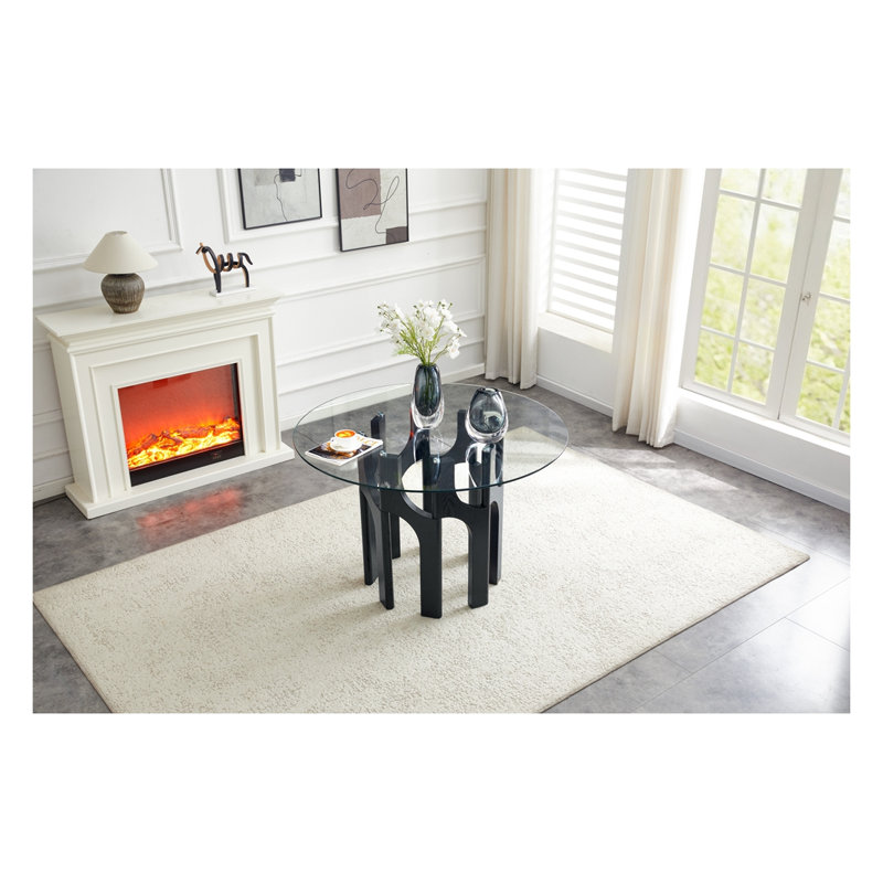 Table de salle à manger ronde en verre trempé avec base sculpturale en bois aggloméré noir pour 2 à 4 personnes