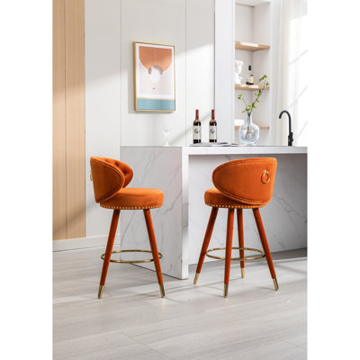 De 2 chaises à hauteur de comptoir - Siège en bois massif rembourré de velours à 360 degrés, thème antique, orange, capacité de charge de 250 lb, influence rétro
