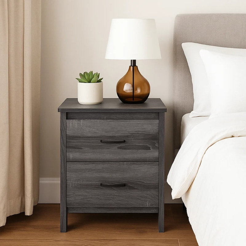 Commode de chevet, 2 tiroirs de rangement, 23 po, gris foncé moderne, Gris foncé