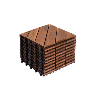 10 PCS Interlocking Deck Tiles Diagonal Pattern, 12" X 12" Acacia Wood Tiles For Patio, Waterproof, All-Weather, Outdoor Decking For Garden, Pool, Balcony