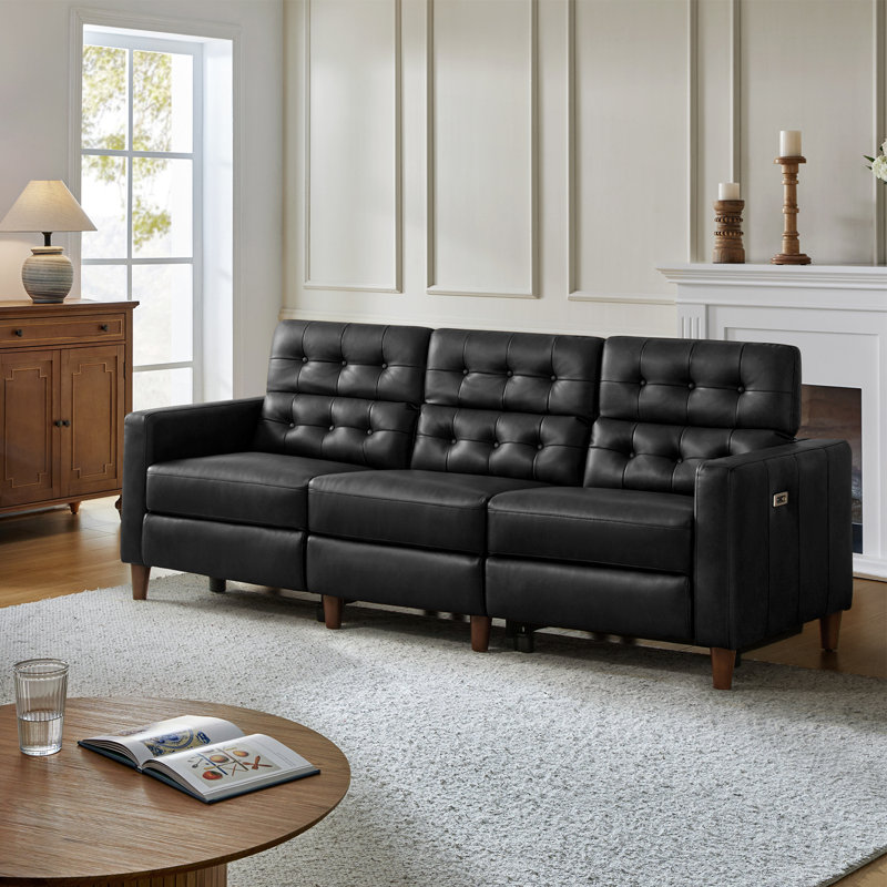 Gurdarshan Leather Dual-Motor Power Reclining Sofa, Black