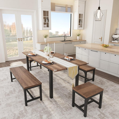 5-Piece Dining Table Set, Walnut Wood, 63" Extendable Table with 2 Benches and 2 Square Stools, Mid-Century Modern, Dining Room or Kitchen