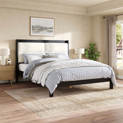 Structure de lit plateforme en bois massif avec tête de lit tapissier en velours, aucun sommier nécessaire, design élégant et durable pour les chambres modernes (matelas non inclus)