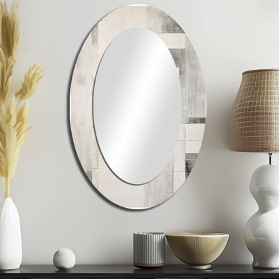Grey White Platinum Parallels I - Modern Oval Wall Mirror