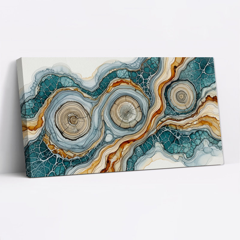 Tableau abstrait en forme d'anneaux de bois fluides dans une toile turquoise et brune, 46“W x 24”H
