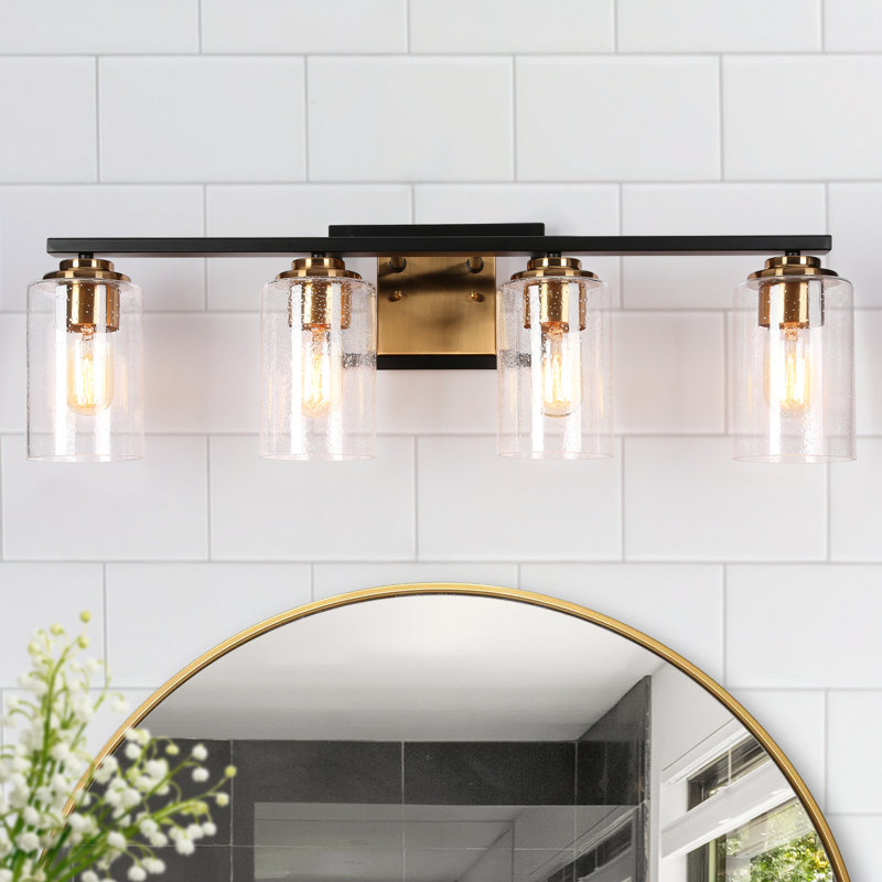Nayomee 4 - Light Dimmable Modern Black/Brass Vanity Light with Seeded Glass, 4