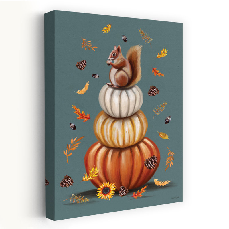 Squirrel On Pumpkin Stack - Contemporary Fall Autumn Squirrel Art, 40" H x 60" W