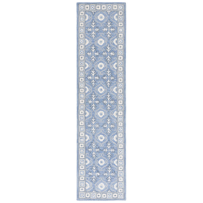 Tapis en laine / coton touffeté à la main ébène en bleu / ivoire, Tapis de couloir 2 pi 3 po x 5 pi