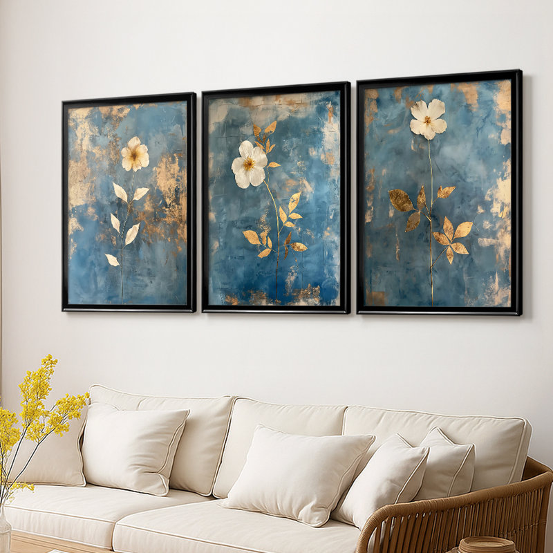 FLORAL Series XLVI - Toile tendue avec châssis sur mesure - 3 pièces, Noir, H 21 po x l 30 po
