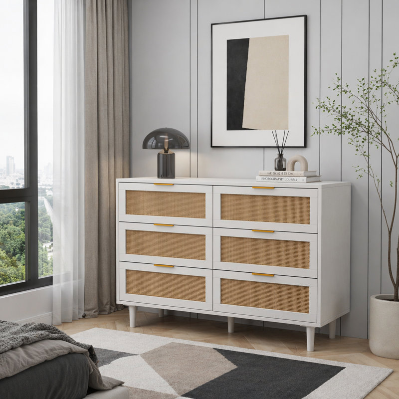 Ayanna 6 Drawer Rattan Storage Dresser, White, Gold, 29.72" H x 43.31" W x 15.75" D