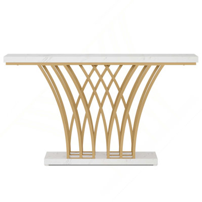 59" Modern Faux Marble Entryway Console Table With Grid Metal Base For Living Room, Hallway, Foyer