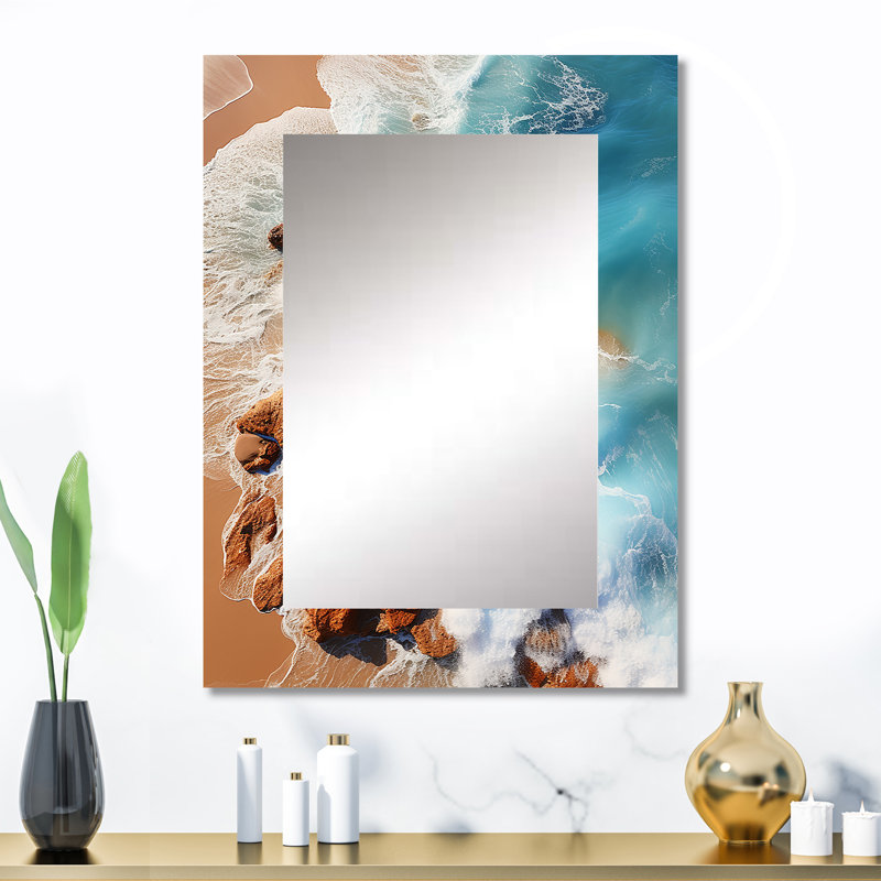 Vue aérienne de Rocky beach II - miroir décoratif de plage, miroir mural bleu, impression d'art en métal, 32 po x 24 po