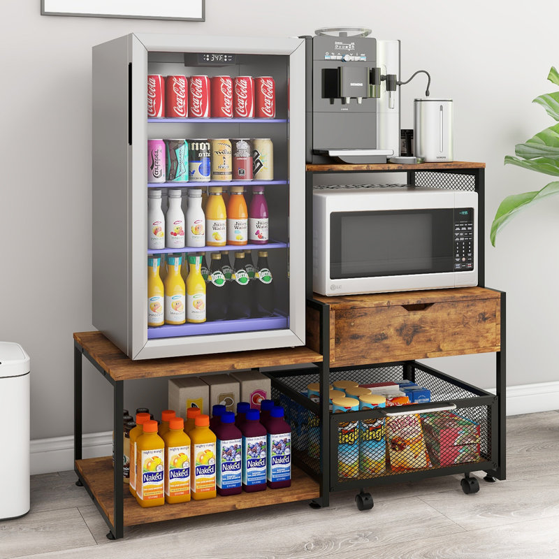  Mini Fridge Stand with Storage, Coffee Bar Cabinet with Power Outlet and Drawer, Microwave Oven Stand with Rolling Basket, Beverage Refrigerator Table for Home, Dorm, Apartment, Pantry