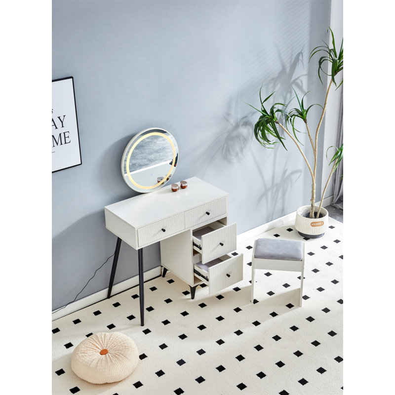 Meuble-lavabo cannelé avec miroir rond à DEL et lumières, grande coiffeuse moderne à plateau en verre avec 4 tiroirs et tablettes réglables, ensemble de coiffeuse avec tabourets et table d'appoint mobile