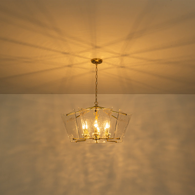 Lustre géométrique moderne en laiton avec verre texturé fabriqué à la main, 6 lumières réglables pour la salle à manger, compatible avec un plafond incliné, d'une hauteur de 18,9 po à 97,6 po