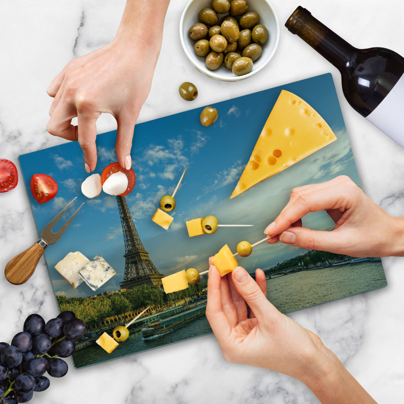 Ambesonne Eiffel Tower Cutting Board Large Size Sun Eiffel Tower Yellow Green Blue