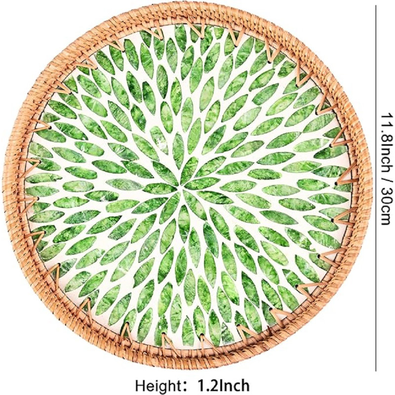 Round Rattan Tray With Mother Of Pearl Inlay Rattan Coffee Table Tray Round Rattan Ottoman Tray For Home And Kitchen Decorative Woven Serving Trays Boho Coffee Table Tray For Décor Leaves