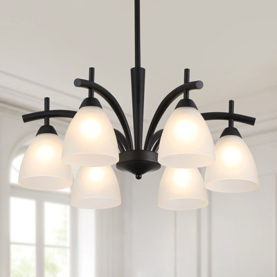Modern Farmhouse 6-Light Black Chandelier, Frosted Glass Rustic Light Fixtures for Kitchen, Dining Room, Living Room, Foyer, UL Listed, D25.6"