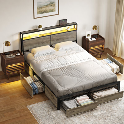 3 Piece Bedroom Set,Platform Bed With 4 Storage Drawers & Usb Charging, 2 Nightstands With Led Lights