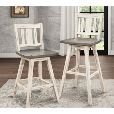 Chaises pivotantes en bois d'hévéa massif à 360 degrés - gris blanc, hauteur comptoir de 2 chaises en bois, style rustique avec dossier à lattes verticales pour la décoration des meubles de salle à manger