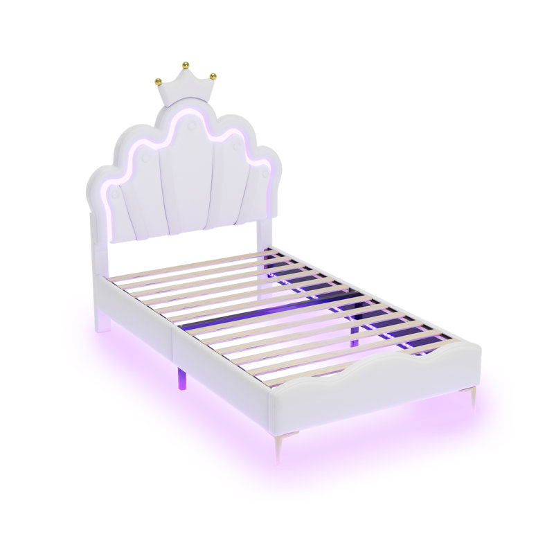 Multi-Sizes Upholstered Princess Bed With Dual-Zone Led, PU Leather Height-Adjustable Headboard, Pink/White (90x190, 90x200, 140x200)