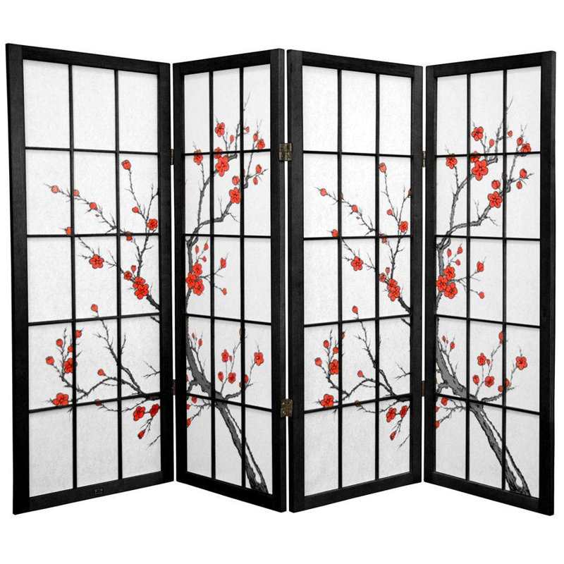 48" Low Cherry Blossom Shoji Room Divider, 4, Black