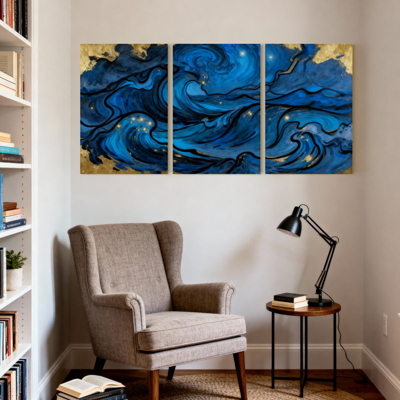 «Blue Waves Golden Accents», ensemble de 3 reproductions d'art sur toile, H 18 po x l 36 po