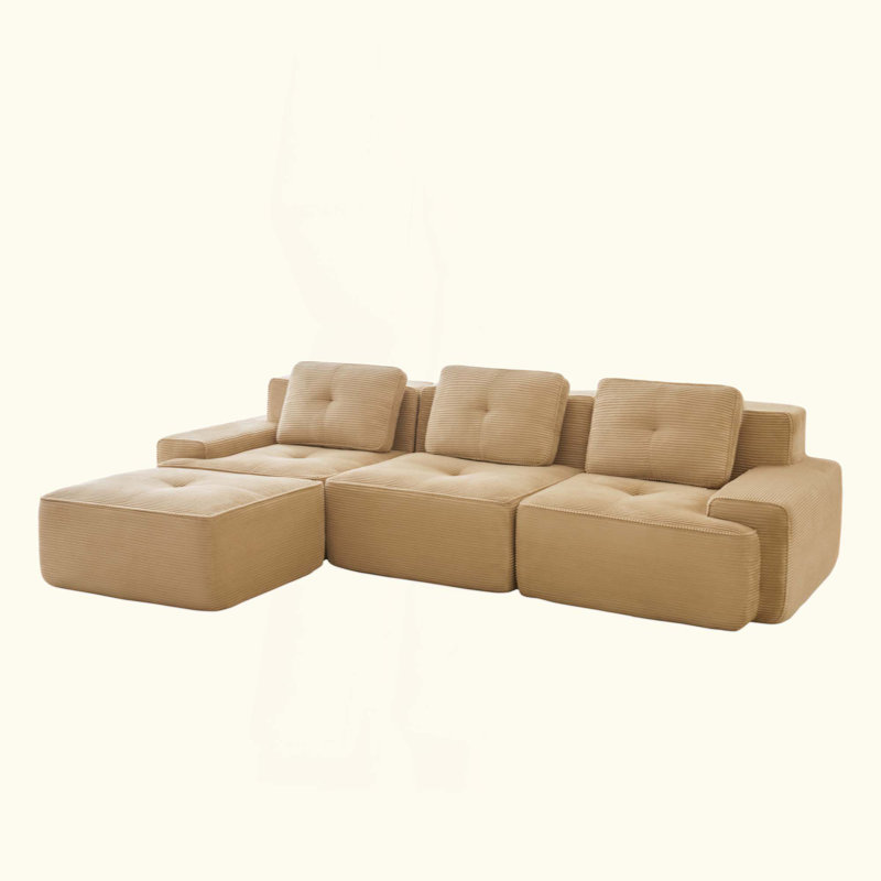 Modern L-Shaped Modular Sectional Sofa For Living Room, Corduroy Fabric,3-Seater Couch With Deep Seat And Movable Ottoman,Pearl-Like Piping, Tufted Design,No Assembly, Anti-Slip Design