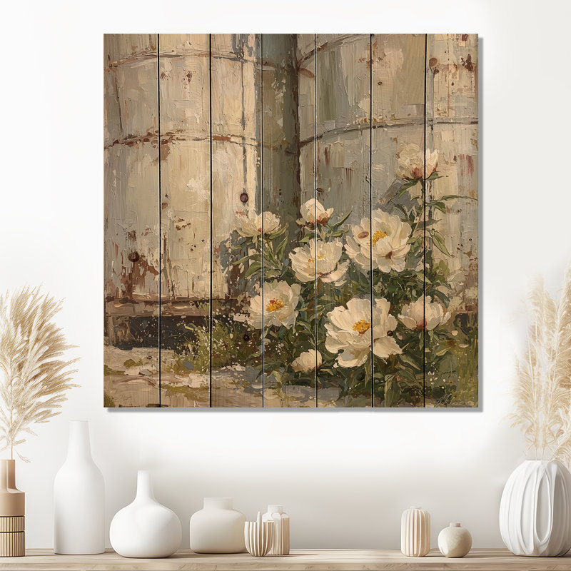 Pivoines le long du bac à céréales I - Décoration murale en bois de pivoines - sur bois de pin naturel