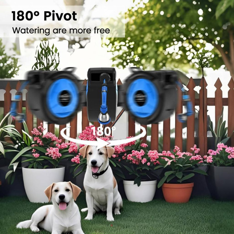 Retractable Garden Hose Reel 30m, Wall Mounted Hose Pipe Reel with Auto Rewind, 180° Swivel, Lock at Any Length, 10 Spray Nozzle, Heavy Duty Garden Water Hose Reel
