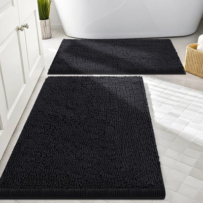 Ensemble de 2 tapis de salle de bain, tapis de bain en chenille absorbant doux, tapis de bain antidérapant et lavable à la machine, noir