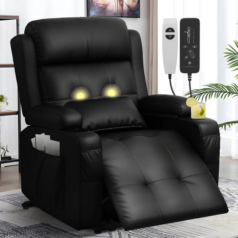Ebern Designs Power Recliner, Oversized Recliner With Heat And Back Massage, Leather Recline Chair With Storage Armrests, 2 Cup Holders For Living Room, Bedroom