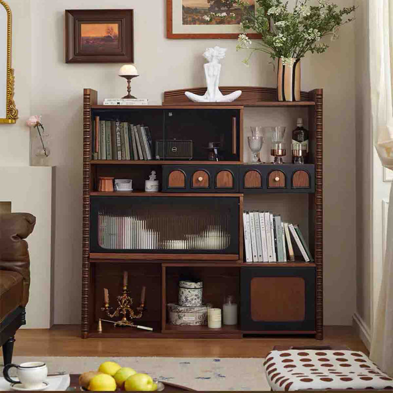 Medieval-Style Red Oak Sliding Corner Glass Door Bookcase