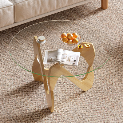 Mid-Century Coffee Table with Solid Wood Legs, Tempered Smoke Glass Top Circular Lounge Table
