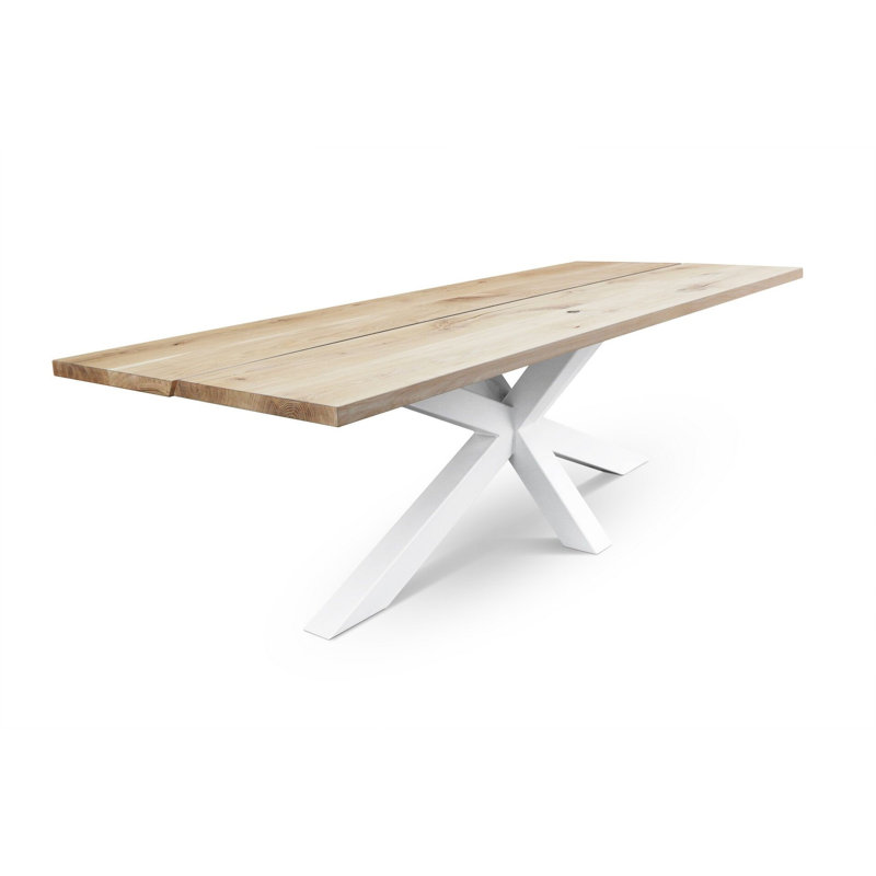 Oak Solid Wood Top Metal Base Dining Table, Natural/White, 75cm H x 240cm W x 100cm D