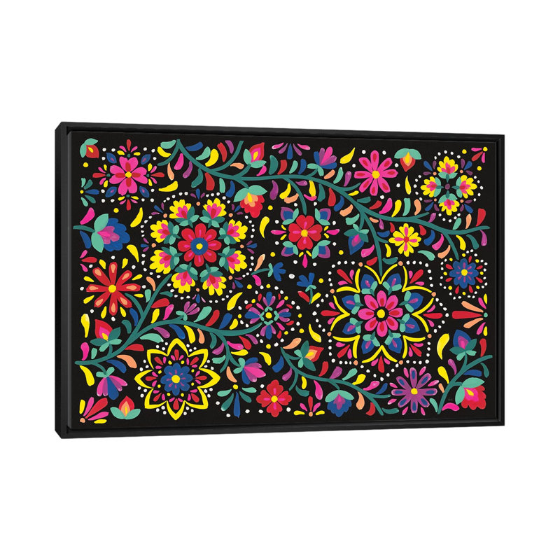 « floral fiesta i », impression sur toile, H 18 po x l 26 po x P 1,5 po, Toile avec cadre noir, Pas de tapis
