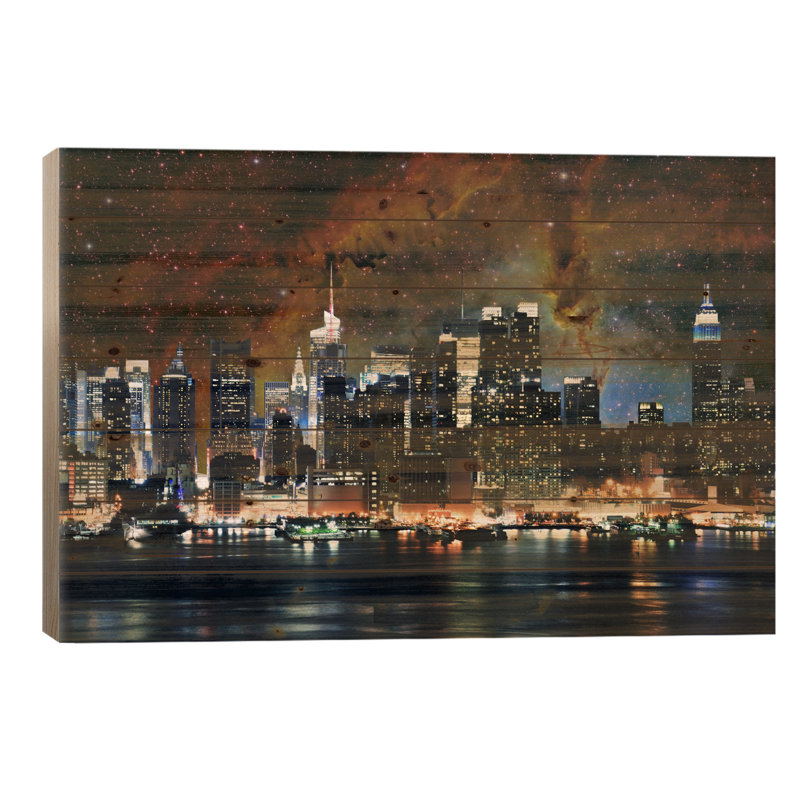 Horizon nébuleux de New York, par New York City, impression sans cadre sur bois, H 18 po x l 26 po x P 1,5 po