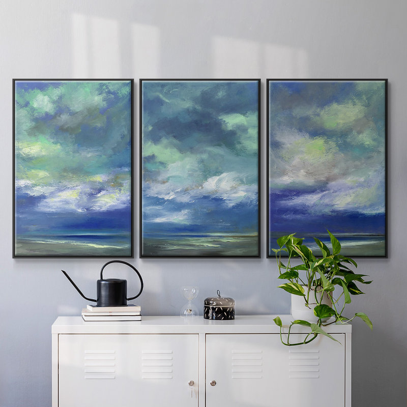 Island Dusk, ensemble de 3 toiles encadrées, H 27 po x l 54 po, Cadre noir