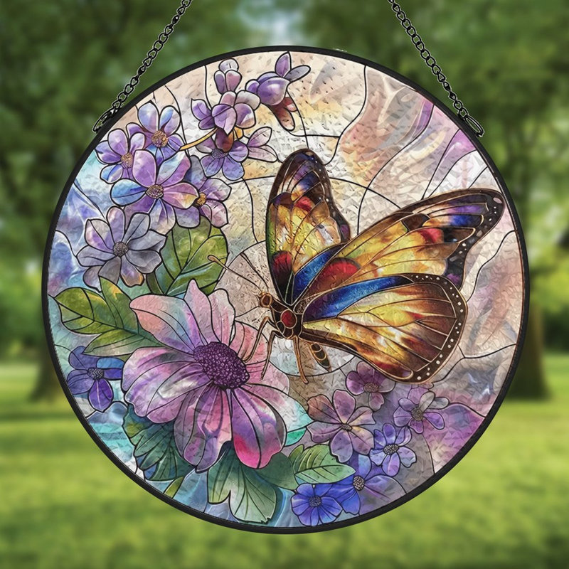 Papillon au milieu de fleurs vitrail panneaux de verre pour décoration de fenêtre, 6,3 x 6,3 po (16 x 16 cm)