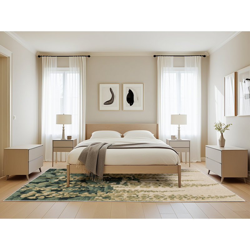 Tapis botanique beige lavable à la machine